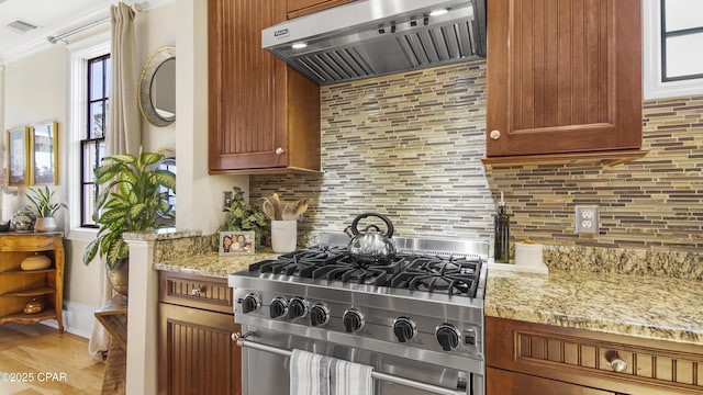 kitchen with tasteful backsplash, high end stove, light stone counters, and range hood