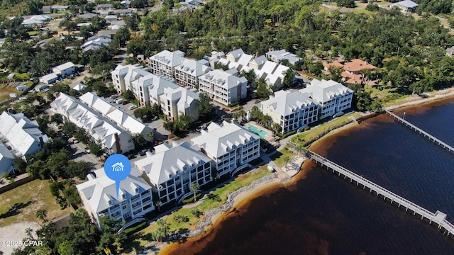 bird's eye view with a water view