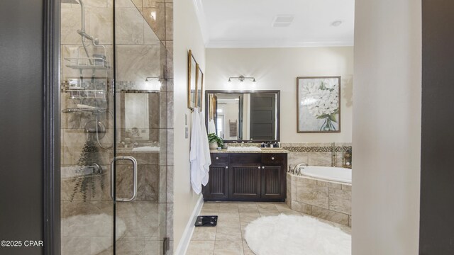 bathroom featuring crown molding, vanity, shower with separate bathtub, and tile patterned flooring