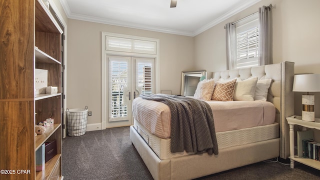 bedroom with crown molding, ceiling fan, dark carpet, and access to outside