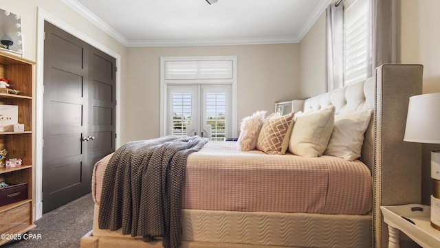 carpeted bedroom featuring ornamental molding