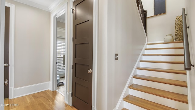 stairway featuring crown molding and wood-type flooring