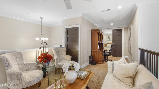 living room with light carpet, ceiling fan with notable chandelier, and ornamental molding