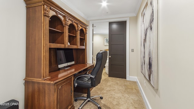 office space featuring light carpet and ornamental molding