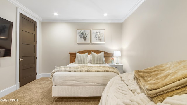 bedroom featuring carpet floors and ornamental molding