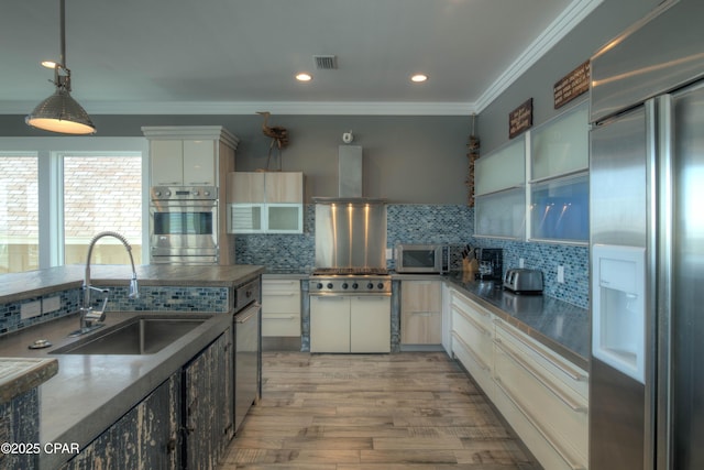 kitchen featuring sink, crown molding, wall chimney range hood, appliances with stainless steel finishes, and white cabinetry