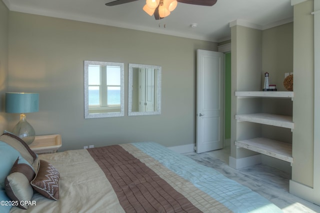 bedroom with a water view, ceiling fan, and ornamental molding