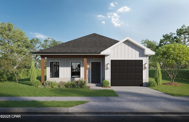 modern farmhouse featuring a garage, board and batten siding, a shingled roof, and a front yard