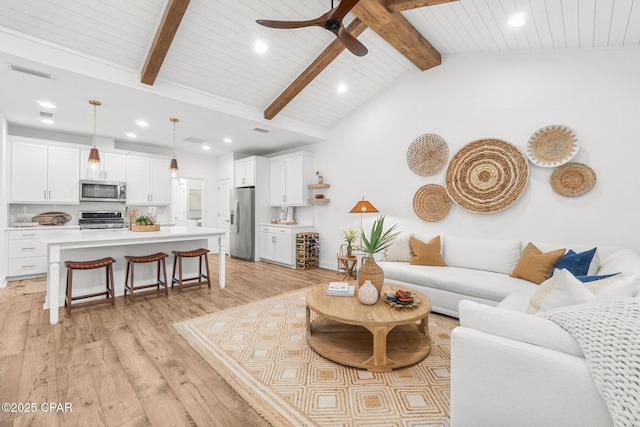 living room featuring ceiling fan, wood ceiling, beam ceiling, and light hardwood / wood-style flooring