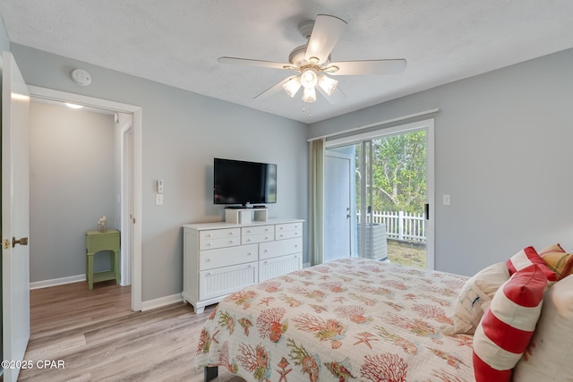 bedroom with light hardwood / wood-style flooring, ceiling fan, access to outside, and a textured ceiling