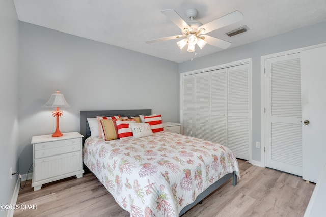 bedroom featuring ceiling fan and light wood-type flooring