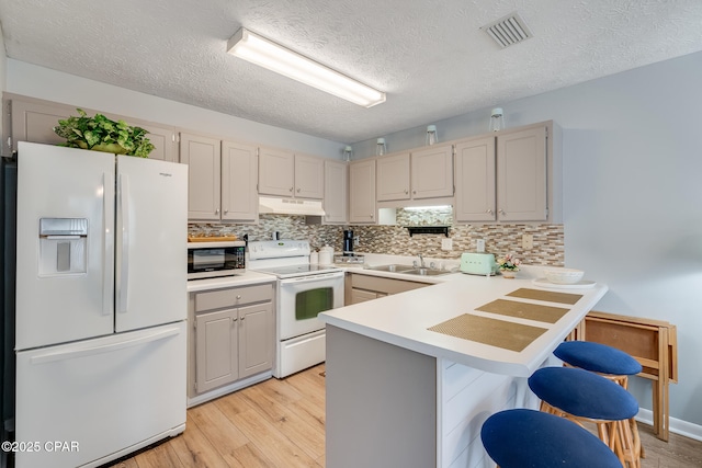 kitchen featuring a breakfast bar, sink, white appliances, kitchen peninsula, and light wood-type flooring