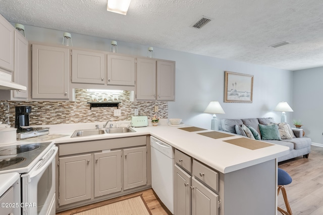 kitchen with sink, a breakfast bar area, kitchen peninsula, white appliances, and backsplash