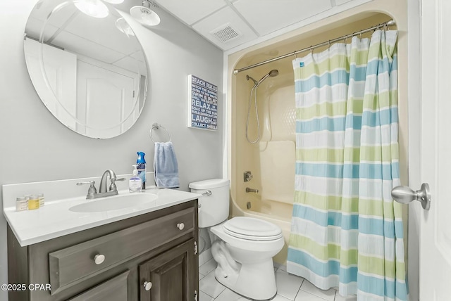 full bathroom with shower / bath combo, vanity, tile patterned floors, and toilet