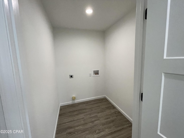 laundry room with dark wood-style floors, washer hookup, electric dryer hookup, and baseboards