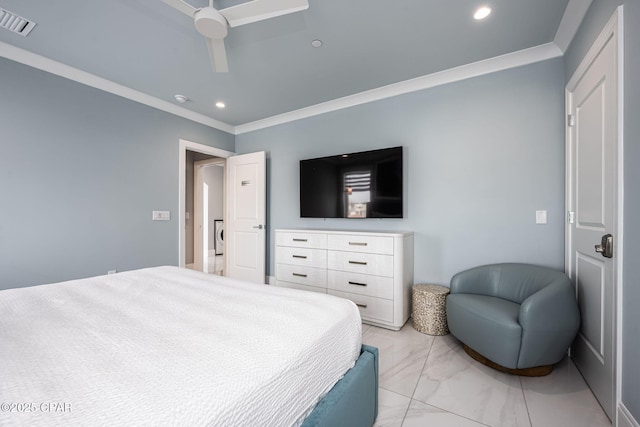 bedroom featuring crown molding and ceiling fan