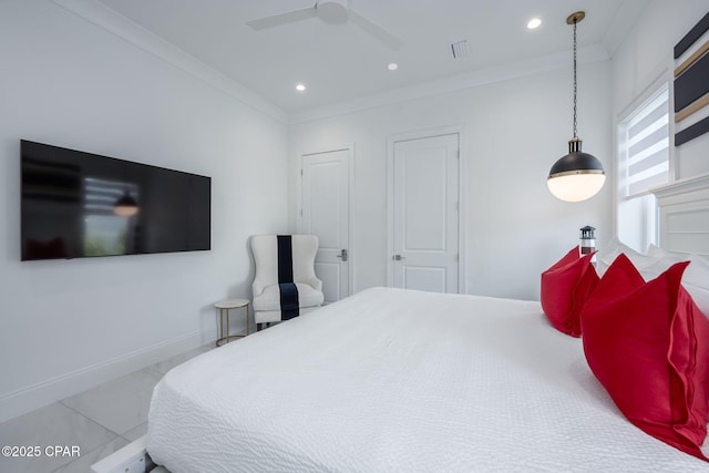 bedroom featuring crown molding and ceiling fan