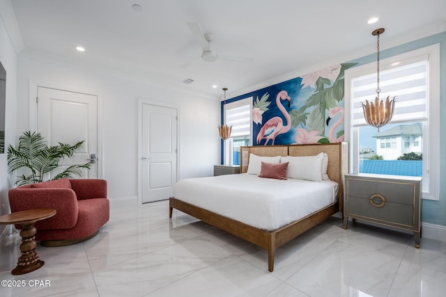 bedroom featuring ornamental molding and ceiling fan with notable chandelier