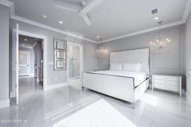 bedroom featuring crown molding, connected bathroom, and ceiling fan with notable chandelier