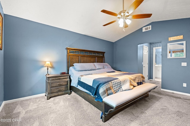 bedroom with ceiling fan, light carpet, visible vents, baseboards, and vaulted ceiling