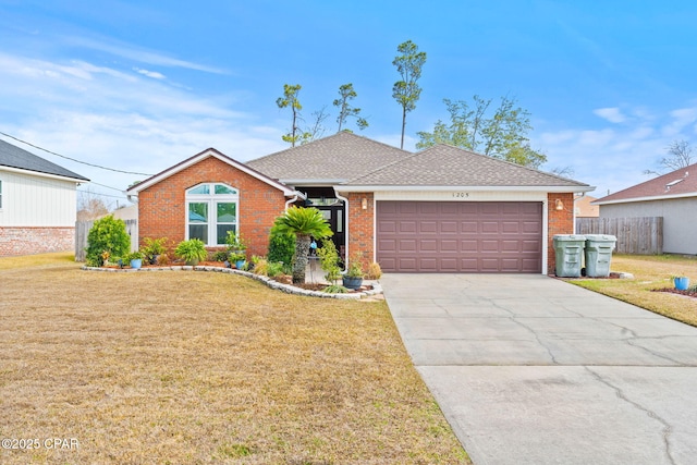 ranch-style house featuring an attached garage, brick siding, a shingled roof, concrete driveway, and a front yard