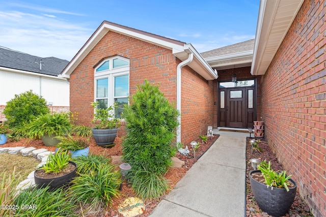 view of exterior entry featuring brick siding