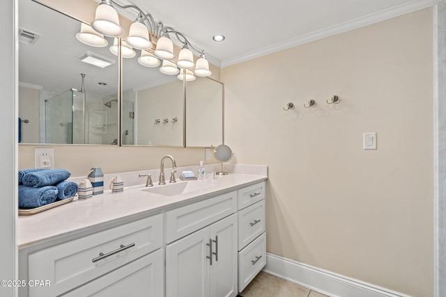 full bathroom with vanity, visible vents, baseboards, ornamental molding, and a stall shower