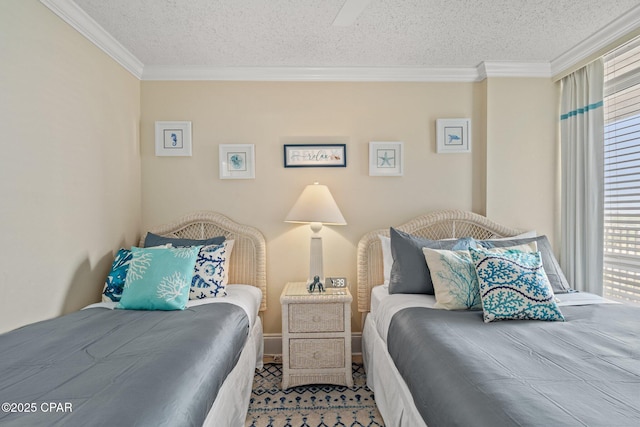 bedroom featuring a textured ceiling and ornamental molding