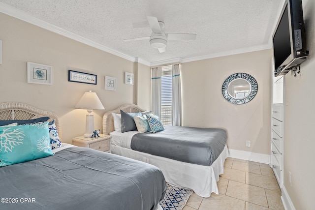 bedroom featuring light tile patterned floors, a textured ceiling, baseboards, and crown molding