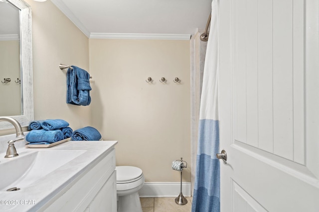 full bathroom with vanity, ornamental molding, tile patterned flooring, and toilet