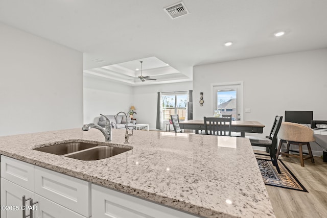 kitchen featuring sink, white cabinets, light stone countertops, and a tray ceiling