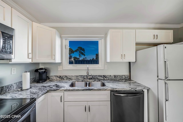 kitchen featuring white cabinetry, sink, stainless steel appliances, and stone countertops