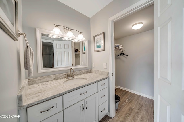 bathroom with hardwood / wood-style flooring and vanity