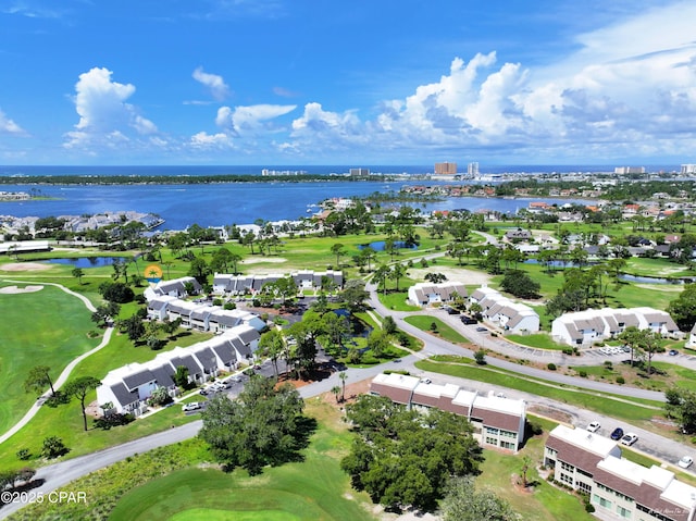 bird's eye view with a water view