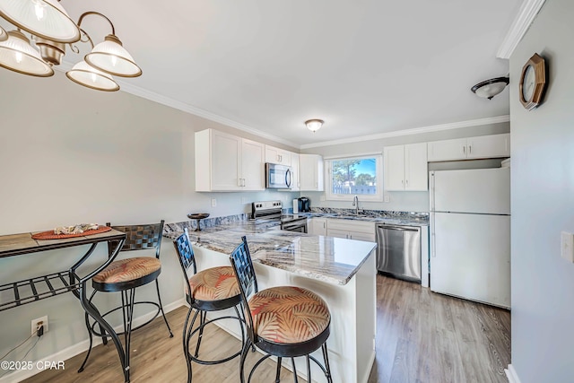 kitchen with stainless steel appliances, white cabinetry, sink, and kitchen peninsula