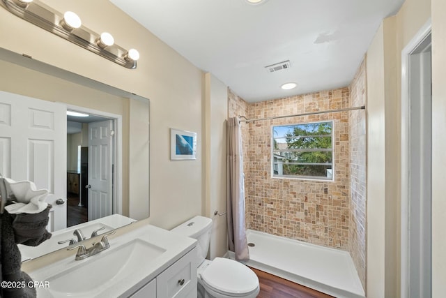 bathroom with vanity, toilet, and walk in shower