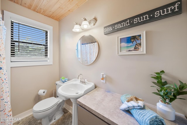 bathroom with wood ceiling and toilet