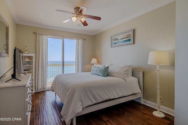 bedroom with access to exterior, dark wood-style floors, a ceiling fan, ornamental molding, and baseboards