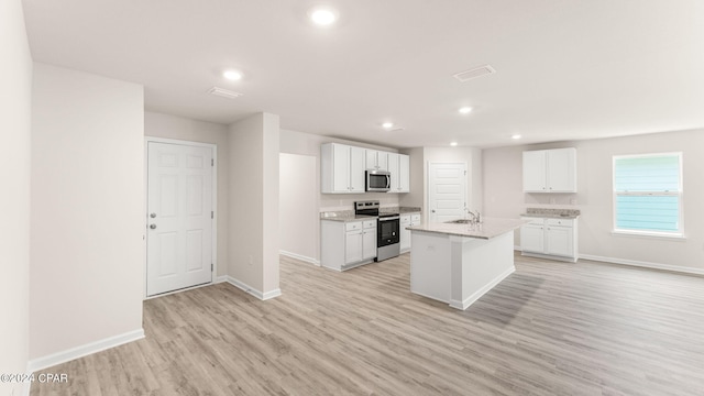 kitchen featuring white cabinets, stainless steel appliances, light wood-style flooring, and baseboards