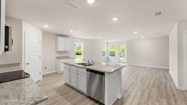 kitchen featuring visible vents, light wood-style flooring, a sink, white cabinets, and appliances with stainless steel finishes