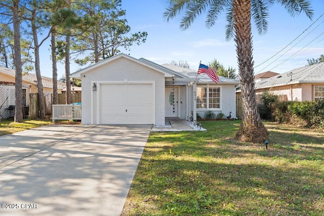 ranch-style house featuring a garage and a front yard