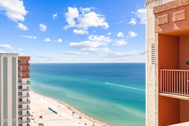 view of water feature with a beach view