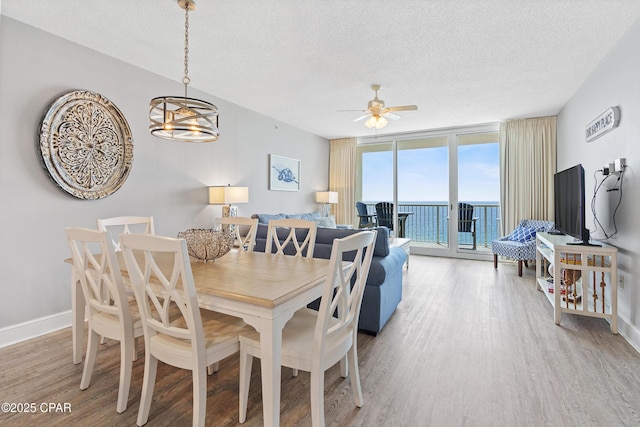 dining space with wood finished floors, a ceiling fan, baseboards, floor to ceiling windows, and a textured ceiling