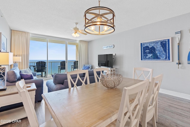 dining space featuring ceiling fan with notable chandelier, expansive windows, a textured ceiling, wood finished floors, and baseboards