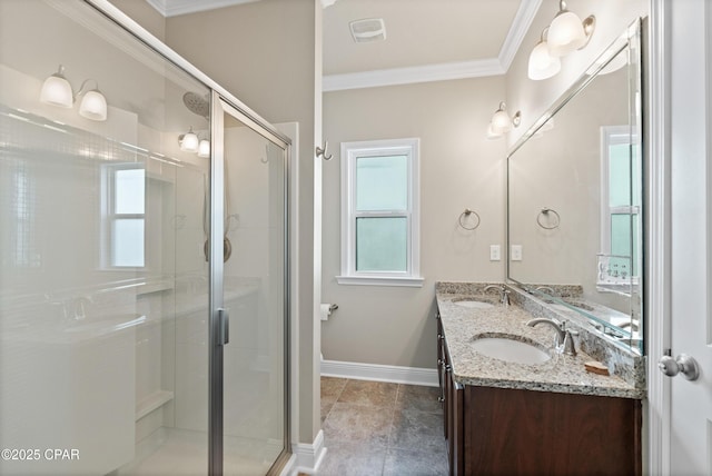 full bathroom with a shower stall, visible vents, a sink, and ornamental molding