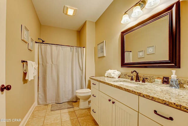 bathroom with vanity, a shower with shower curtain, tile patterned floors, and toilet