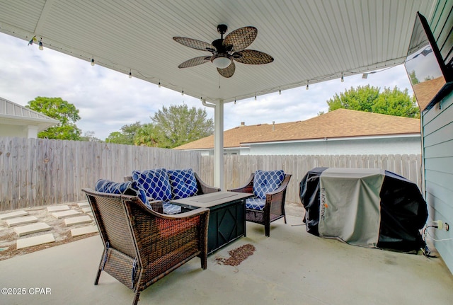 view of patio / terrace with ceiling fan and grilling area