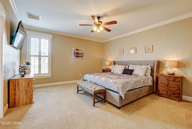 carpeted bedroom featuring crown molding and ceiling fan