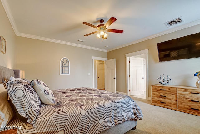 bedroom with light carpet, crown molding, and ceiling fan