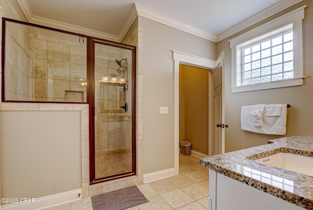 bathroom featuring vanity, an enclosed shower, tile patterned flooring, and ornamental molding